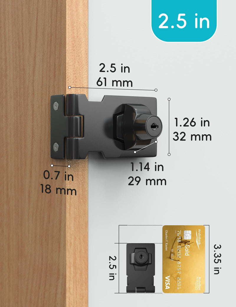 Keyed Hasp Locks, Cabinet Locks, Cabinet Locks with Keys, Twist Knob Keyed Locking Hasp, for Drawer, Cabinets and More, Zinc Alloy with Iron Chrome Plating, 2.5 Inch, Black 2.5 Inch-1 Pack