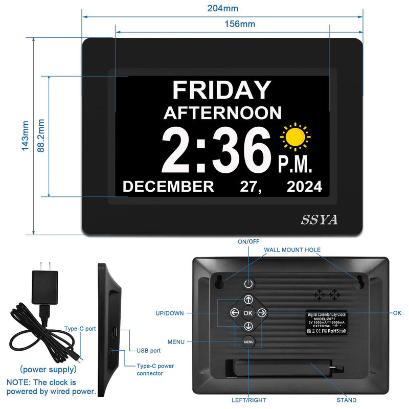 SSYA 7 Inch Calendar Clock - 12 Alarm Options, Level 5 Auto Dimmable Display,Extra Large Impaired Vision Digital Clock with Non-Abbreviated Day & Month (Black) 7" Black