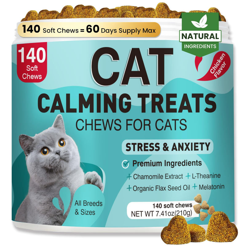 Cat Calming Treats, 140 Soft Chews to Relieve Anxiety, Stress & Prevent Bites, Perfect for Travel & Veterinary Visits, Soothing Calming Care for Indoor Cats Chicken Flavor 7.41 OZ