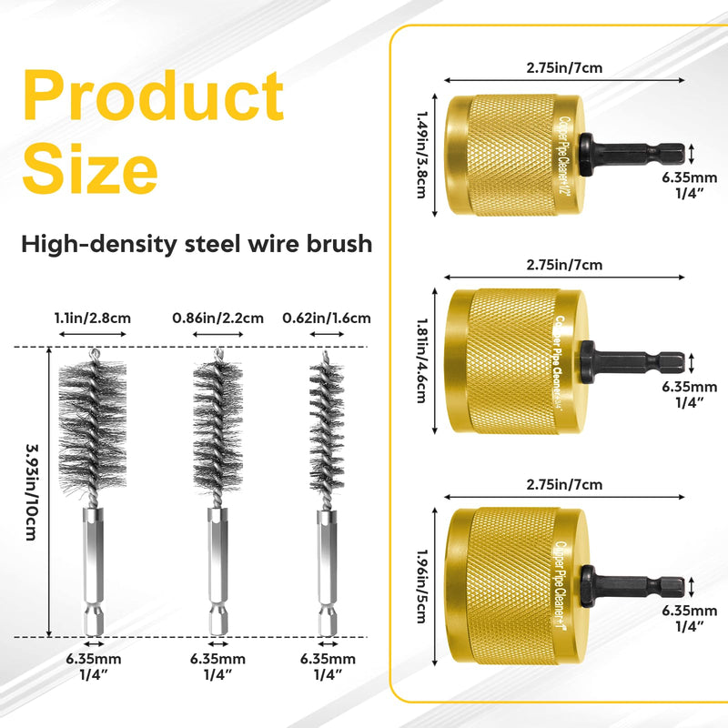 [3-Size/9PC]Metal Copper Pipe Cleaner Set for Drill,[1 Cleaning Brush & 2 Brushing Pieces for Each Size]1/2" 3/4" 1" Copper Pipe Cleaner for Drill/Soldering,w/Stainless-Steel Wire Bristles & 1/4"Shank Gold