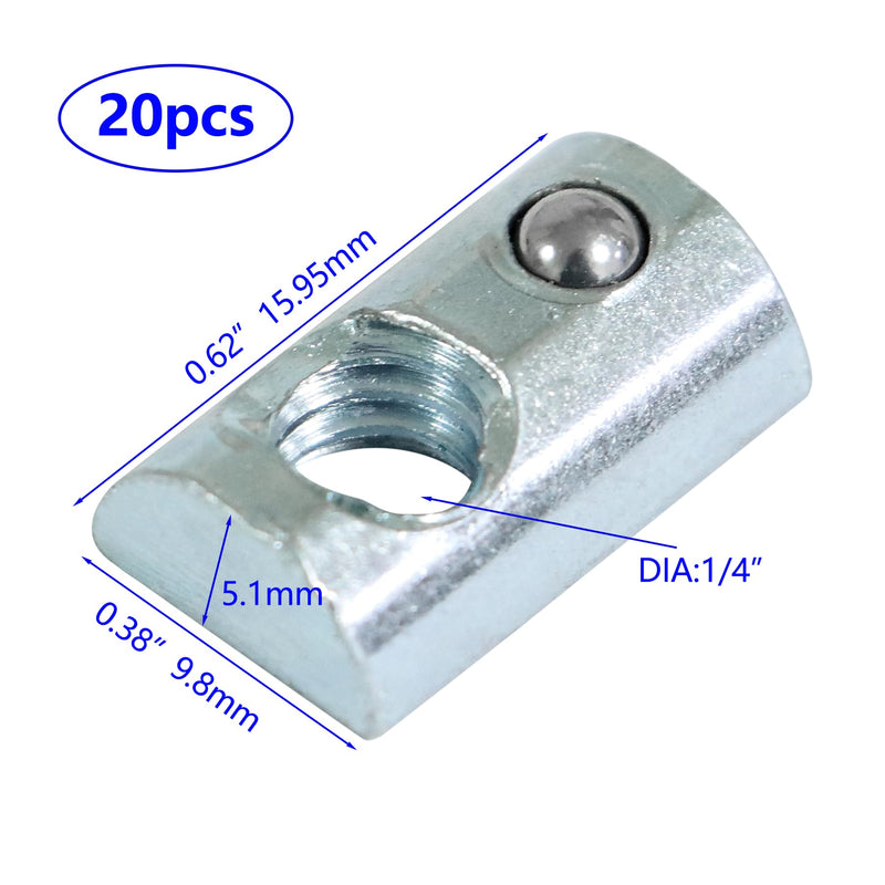 1/4"-20 Threaded Steel Roll in T-Nut with Ball Spring, T-Slot Nuts Accessory Hardware Nuts for 10 Series Aluminum Extrusion Profiles Rail (20) 20