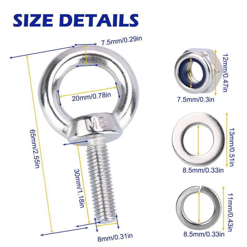 Eye Bolts with Nuts, M8 10Pcs EyeBolts Stainless Steel Machinery Shoulder Lifting Ring Eye Bolt Heavy Duty Screws Bolt with Lock Nuts & Lock Washers, Flat Washers - Thread Length 30mm M8, 10 Pack