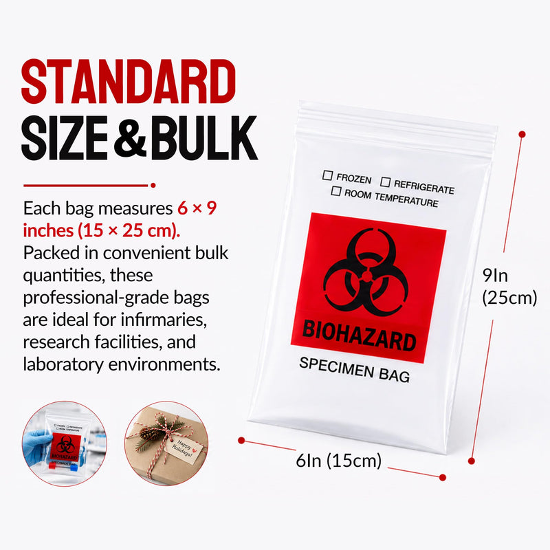 Biohazard Specimen Bags 6x9, Lab Sample Bags with Outer Pouch, 500-Pack | Reclosable seal bag with red biohazard logo. Features outside pocket for paperwork. Ideal for lab sample storage. 500 PCS