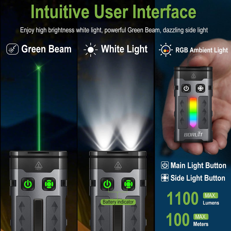 BORUIT EV20L LED Rechargeable Small EDC Flashlight with Green Beam,Pocket Keychain Flashlights with RGB Side Light,IP66 Waterproof,Clip & Tail Magnet for Outdoors Emergency Camping,Aluminum Black Green Beam Version