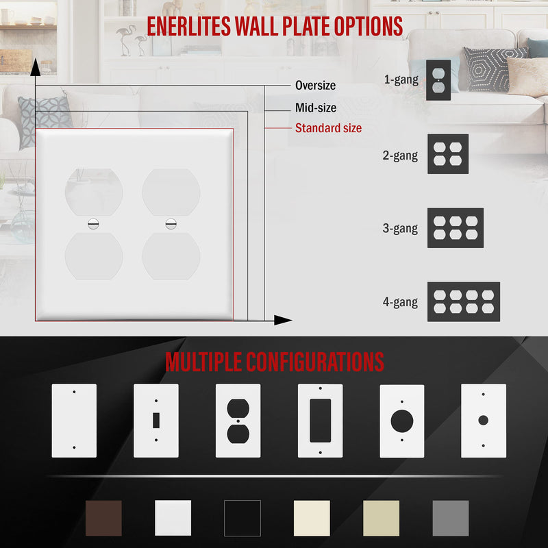 Enerlites 8822-W Duplex Receptacle Outlet Wall Plate, Standard Size 2-Gang, Polycarbonate Thermoplastic, White Screw