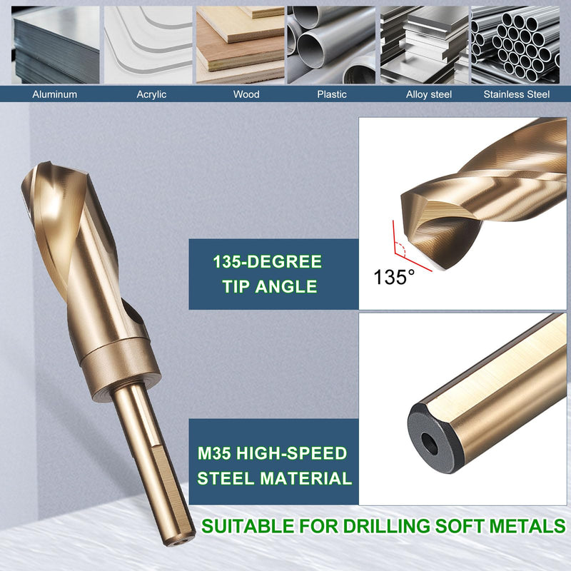 METALLIXITY Drill Bit (1-1/16"), 1/2" Reduced Shank 3-Flat M35 5% Cobalt HSS 135° for Stainless Steel DIY Projects Tool Gold 1-1/16" (26.988mm) 1/2"
