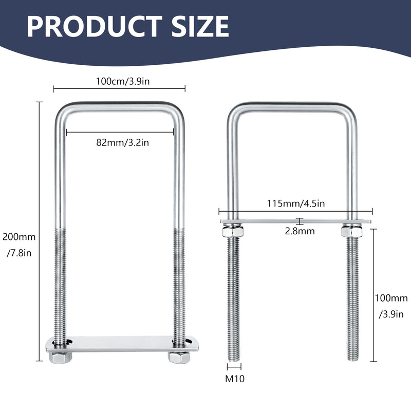 1 Sets M10 Square U-Bolts,u-Bolts 3 inch Wide,304 Stainless Steel Square u-Bolts,with Nuts,Bolt Plate and washers M10 x 80mm x 200mm 1