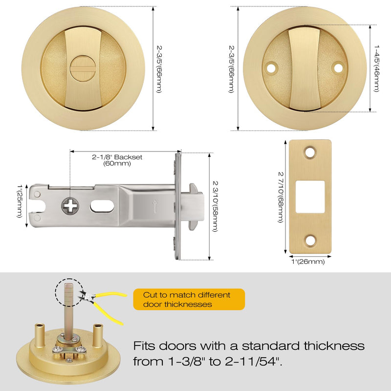 EHOMEWARE 2 Pack Brushed Gold Pocket Door Lock, Keyless Pocket Door Hardware, Round Pocket Door Handles for Sliding/Bifold Doors, Flush Pocket Door Privacy Lock Privacy Door Lock-2 Pack Satin Brass
