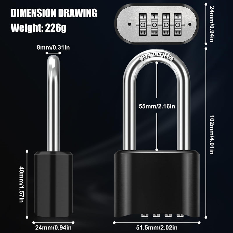 2.5in Long Shackle Combination Lock, Diyife Large Outdoor Weatherproof Padlock, Design of Hidden Password & High Security, Resettable Combination Lock for Locker, Home, School, Garage, Gate, Garden Black, Long