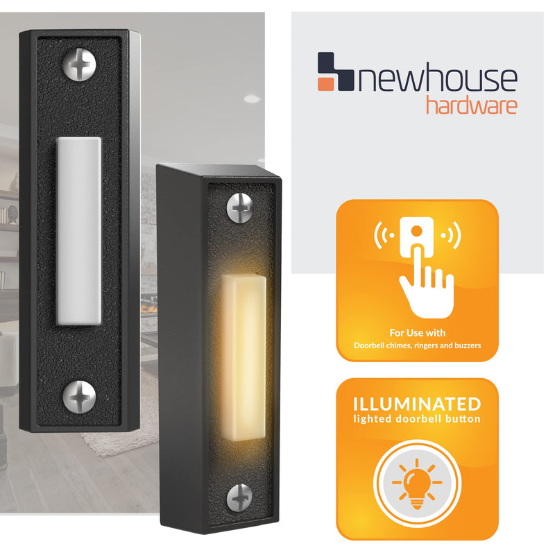 Newhouse Hardware LED Lighted Sturdy Plastic Door Chime Push Button BT4BL Black | Classic Rectangular Lighted Door Bell Button | Replacement Wired Doorbell Button for Most Door Bell Chimes