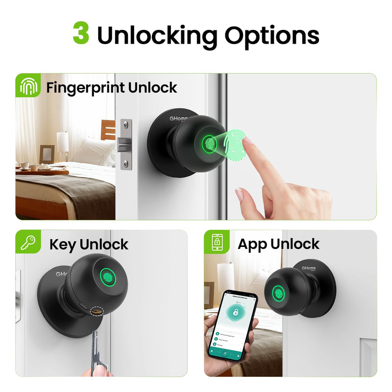 GHome Smart Fingerprint Door Lock, 3 in 1 Smart Fingerprint Door Knob with App Control & Key, Auto Lock, Biometric Thumbprint Door Locks for Bedroom, Garage, Home & Office 3 IN 1 - Black