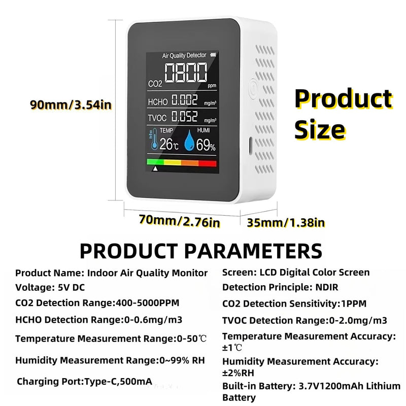 5-in-1 Indoor Air Quality Monitor, Professional Portable Detector&Accurate CO2,HCHO,TVOC,Humidity& Temperature,LED Display, 2s Refresh,for Home, Office,School, Hotel,Car Air Quality Tester (White)