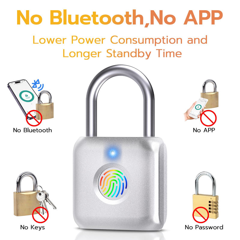 Pothunder Fingerprint Padlock, Smart Padlock, Locker Lock, Biometric Metal Keyless Fingerprint Lock, USB Rechargeable, for Gym Locker, Locker, Luggage, Backpack(Silver) Silver