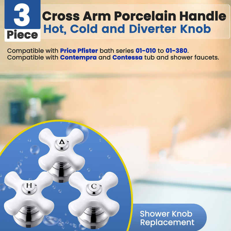 Enhon 3 Pcs Porcelain Handle Set, Compatible with Price Pfister Shower Valve, Hot Cold and Diverter Handle, Chrome Finish White Porcelain (Cross Arm) Cross Arm