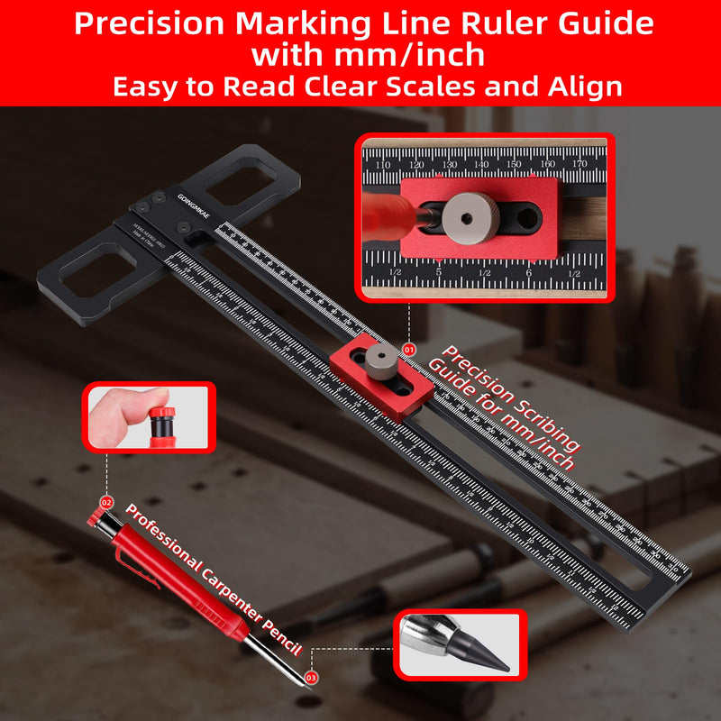 GOINGMAKE Woodworking Scriber Marking Line Ruler with Pencil and Precision Sliding Guide, Adjustable Aluminum Alloy Sliding T-Square Ruler, Precision Line Drawing Aid T Ruler, 12 Inch Carpenter Square