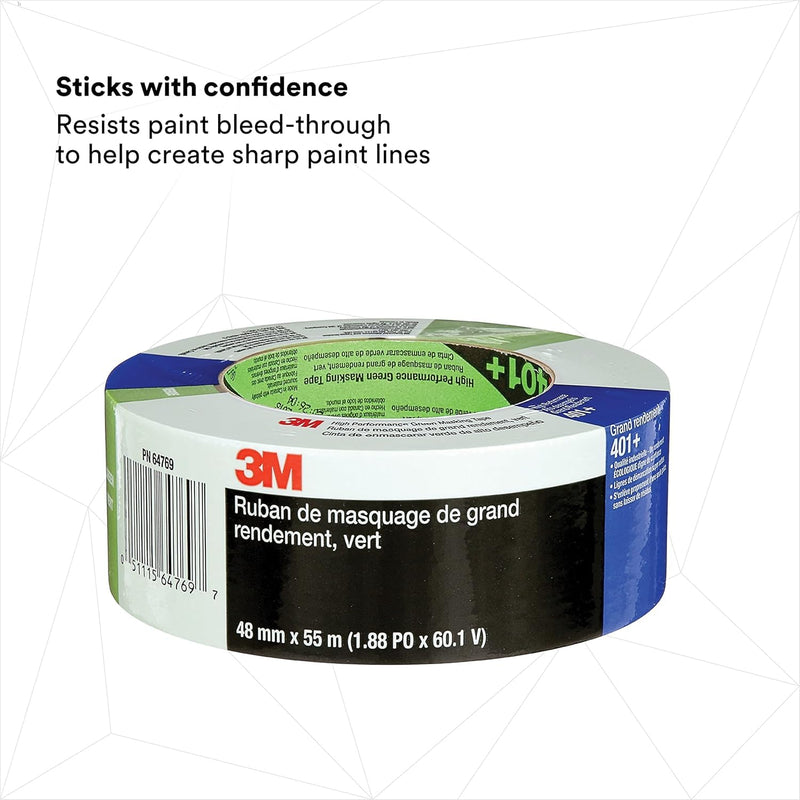 3M Scotch 401+ High Performance Green Masking Tape – 2 inches x 60 Yards (48mm x 55m), Heat Resistant up to 250°F, Clean Removal, Ideal for Automotive and Industrial Applications