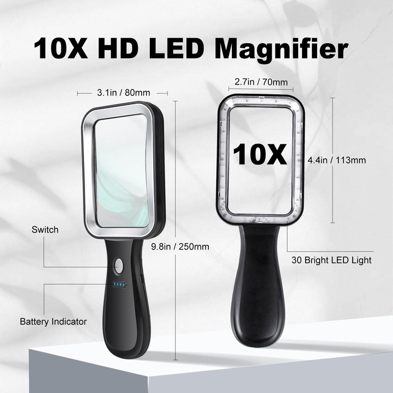 10X Magnifying Glass with Light, Rechargeable Magnifier with 3 Color Modes, Lighted Magnifying Glass Handheld for Seniors Reading Low Vision, Inspection, Close Work 10X Magnifier with LIght