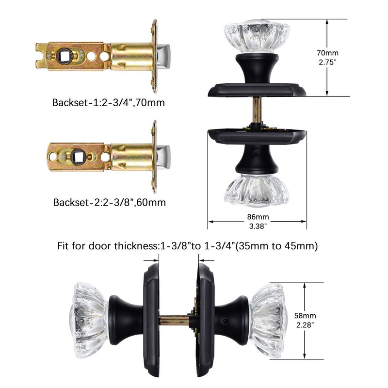 Passage Glass Door Knobs Interior, Antique Crystal Door Knobs for Hall and Closet, Matte Black Passage