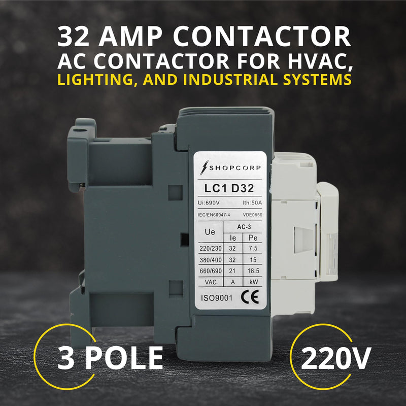 3 pole Contactor 30 Amp Normally Open IEC 660V Switch, Auxiliary 1NO/1NC - 220 / 240VAC Coil Inductive 32A and Resistive 50A, AC Contactor - with Mounting Base for DIN Rail 30A 220V - 1 Pack