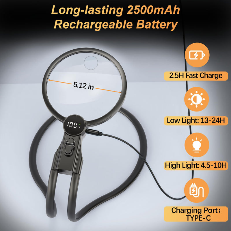 Hands Free Magnifying Glass with Light, 2500mAh Flat Strap Neck Magnifier with LED Display & 3 Color Light, 5X 15X Lighted Magnifying Glasses for Crafts Cross Stitch Sewing Reading, Low Vision Seniors
