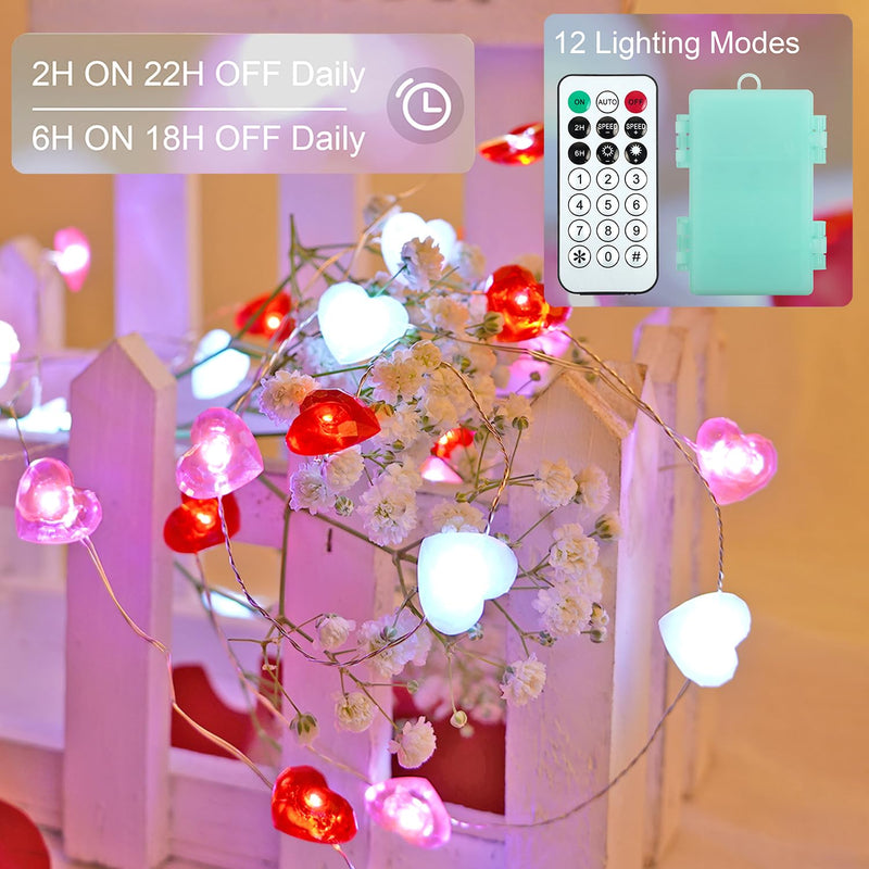 Valentines Day Decor 10 ft 40 LEDs Red White Pink Heart String Lights Battery Operated Garland Valentines Day Lights with Timer Valentines Day Decorations for The Home Indoor Mother's Day Red White and Pink
