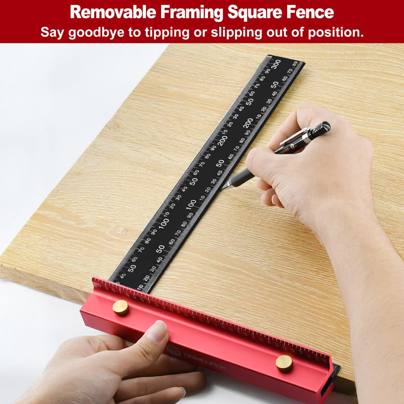 8 Inch Removable Carpenter Framing Square Fence with Edge Marking Ruler, Anodized Solid Aluminum Alloy Body & Brass Knobsn for Woodworking Measuring Ruler Stops Fences Red