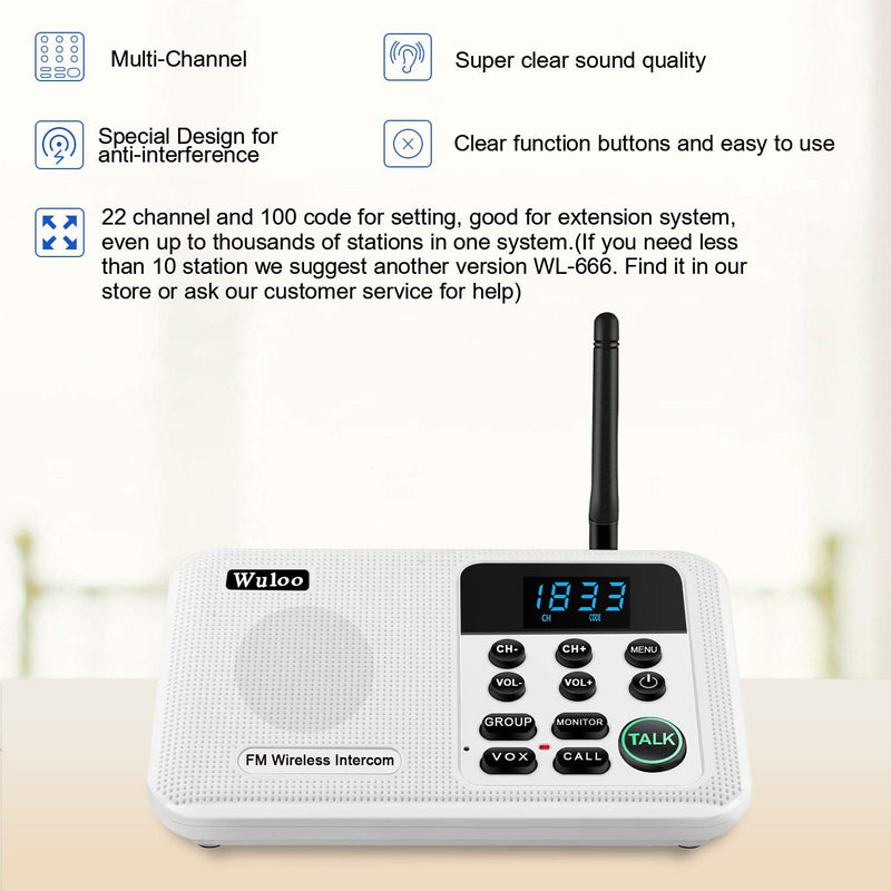 Wuloo Intercoms Wireless for Home 1 Mile Range 22 Channel 100 Digital Code Display Screen, Wireless Intercom System for Home House Business Office, Room to Room Intercom Communication(2Station, White) 2 units set white