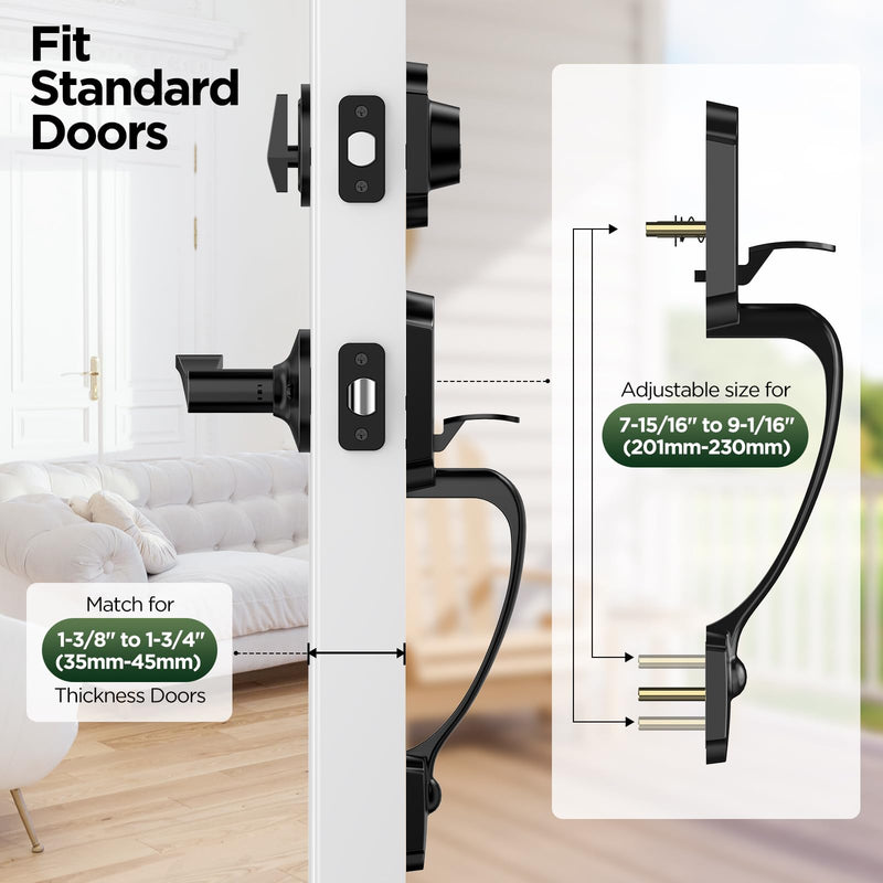 Black Front Door Handle and Deadbolt Set, Classic Lock With Matte Exterior Lever, Reversible Entry for Right & Left Handed Matte Black