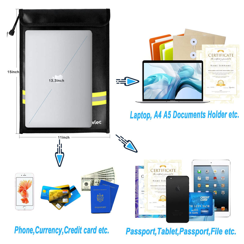 Fireproof Waterproof Money Document Bag - 15" x 11" Upgraded Zipper Bags, Fire & Water Resistant Storage Organizer Pouch for A4 A5 Documents Holder,File,Cash,Jewelry,Passport,Tablet,Laptop (Black) Black