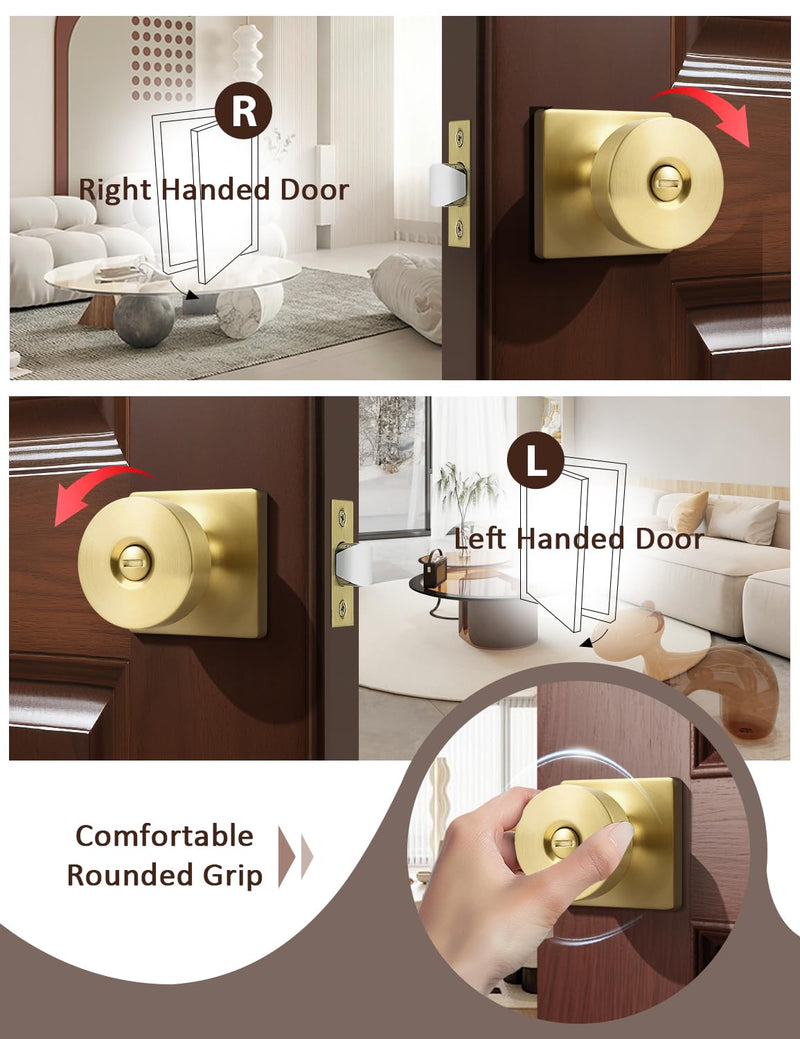 Tinewa 1 Pack Gold Interior Privacy Door Knob with Lock, Brushed Brass Bedroom Door Locks, Keyless Privacy Door Handle Locks, Zinc Alloy Heavy Duty Door Knobs on Square Rose
