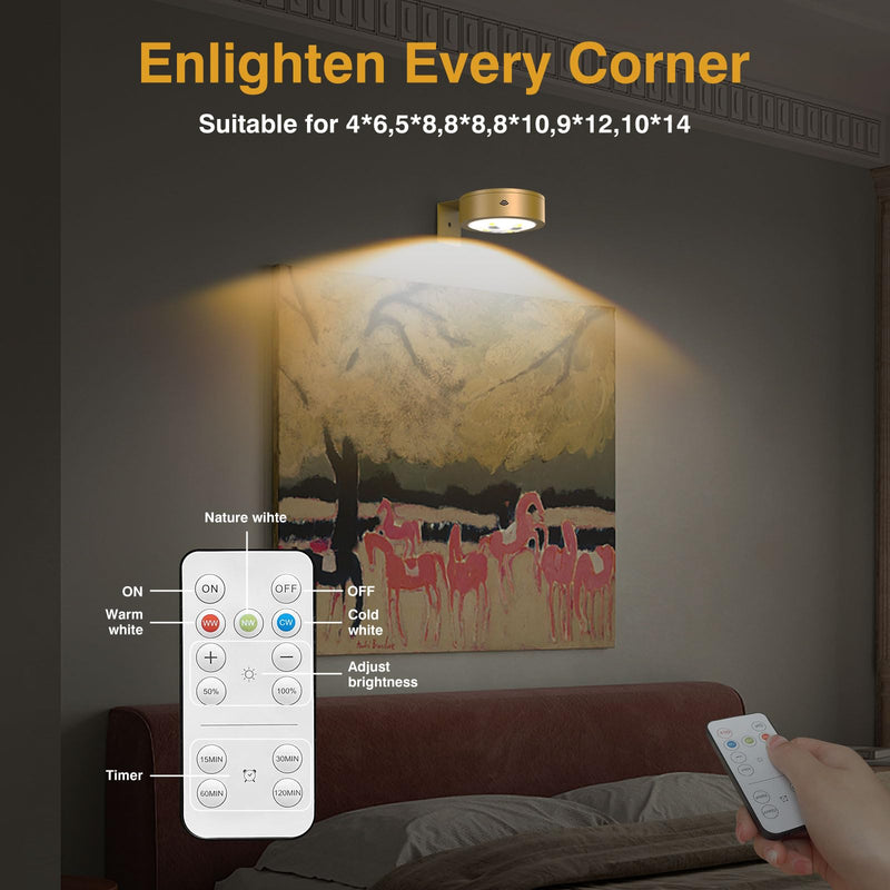 3Pack Wireless Picture Light,Battery Operated Painting Light with Remote,Magnetic Timer Display Art Light for Wall,Dimmable Picture Frame Light for Frame Artwork,Wall Decor Puck Light-Gold 3Pack Gold