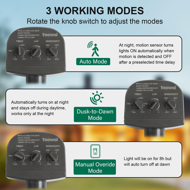 2 Pack 240-Degree Replacement Motion Sensor, Adjustable LUX(5-300) & Time & Detection Sensitivity Up to 60 Feet Range, 3 Working Modes Outdoor Motion Detector for Security Floodlight, Brown
