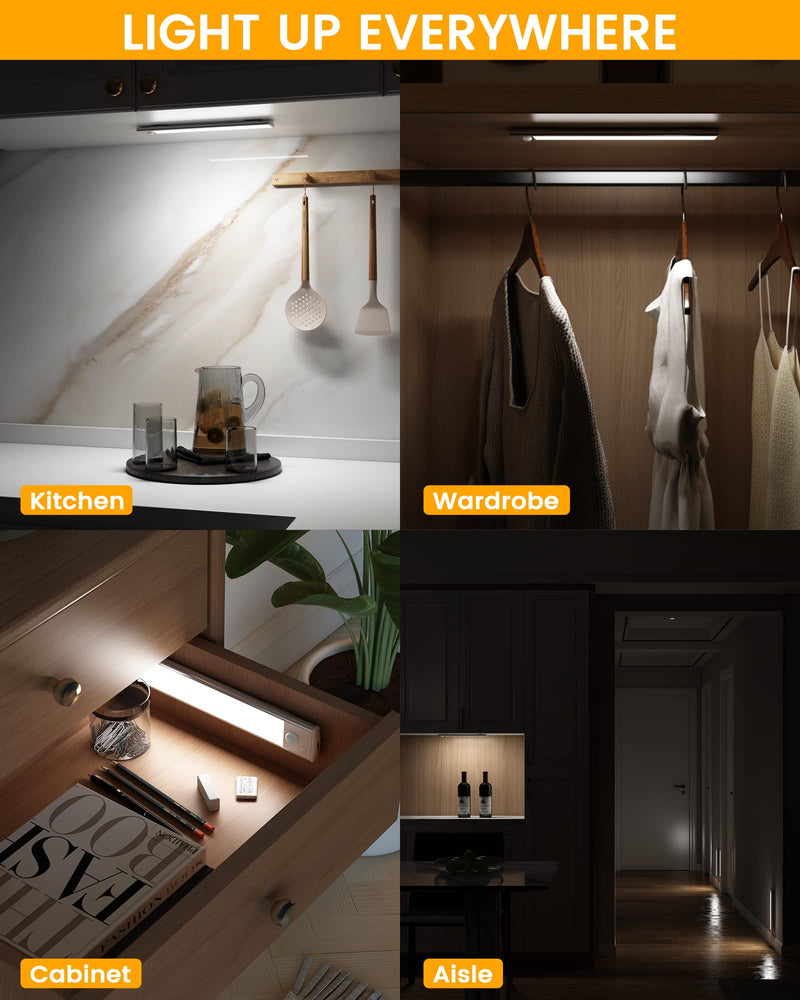 ASOKO Under Cabinet Lights Motion Sensor Light Indoor USB-C Rechargeable LED Closet Lights Battery Operated Under Cabinet Lighting Wireless Under Counter Lights for Kitchen(White,3Pack) Silver-White Light 3 Pack-7.8inch