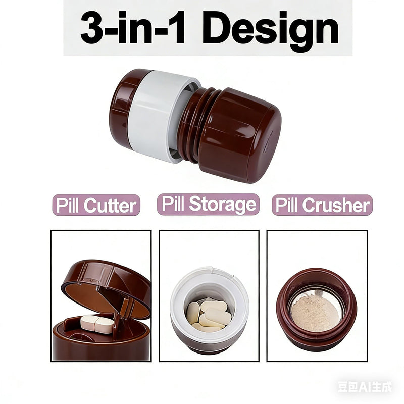 3-in-1 Pill Crusher and Cutter with Storage, BPA-Free Pill Grinder for Fine Powder, Stainless Steel Blade & Grinding Head, Portable Pill Splitter for Elderly, Pets, Travel (Brown) Brown