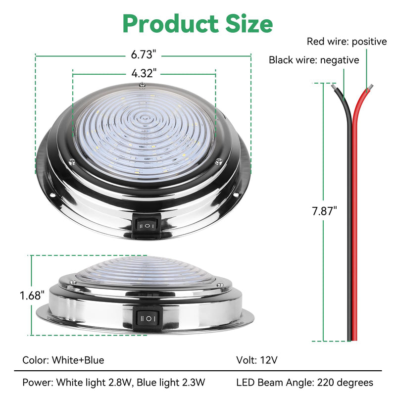 Marine Boat Dome Light Dual Color 7" 12V LED Boat Cabin Light With Toggle Switch, Super Brightness Boat Interior Lights with Stainless Steel Surface Mount (White/Blue) White/Cool Blue