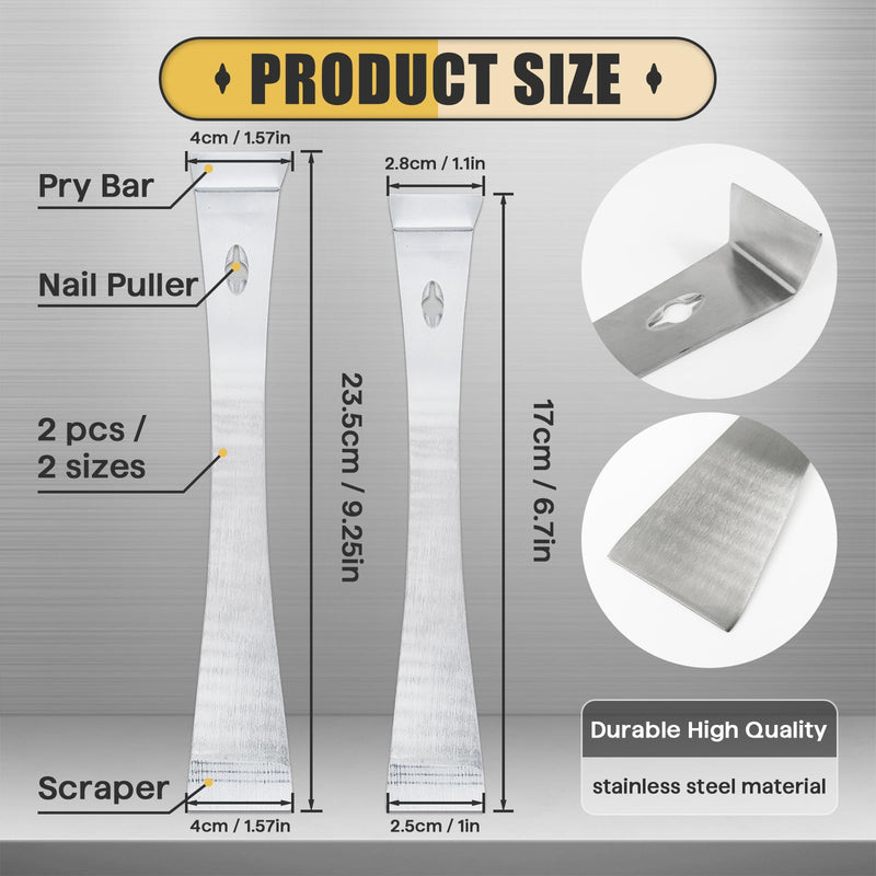 2-Piece 17005 Stainless Steel Pry Bar Scraper Set, 9.25" and 6.7" Trim Puller, Small Flat Pry Bar, Silver Beekeeping Hive Scraper, Bee Hive Hand Tool, 2 Sizes
