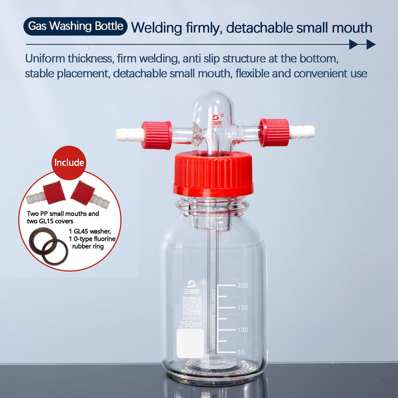 TISMART Gas Washing Bottle Glass Bubbler BORO3.3 GL45 500mL 1set | GL45 Head with 2 Threads GL14 PBT Red Screw Cap Gas Purification 500.0 milliliters 1 Gas Washing Bottle 500ML 1 Set