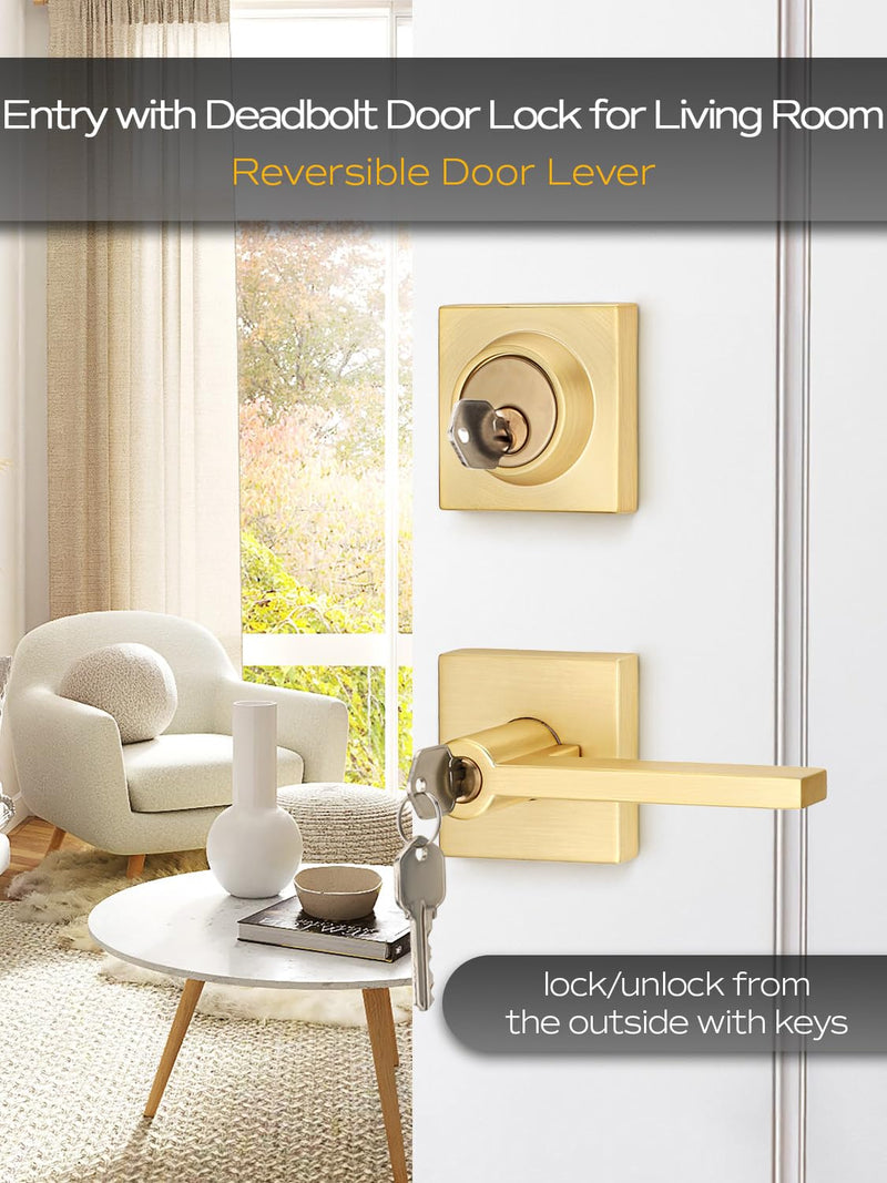 EHOMEWARE 1 Set Entry Door Handle and Single Cylinder Deadbolt Lock and Key Combo Pack - Heavy Duty Square Locking Lever Set - Interior/Exterior Door Levers in Satin Brass Finish Entry Door Lock with Single Deadbolt Cylinder