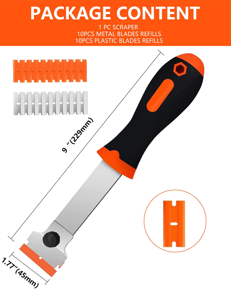 Razor Blade Scraper,Long Handle Razor Scraper Tool for Removing Label, Registration Sticker, Tint, Grease from Windshield, Appliance, Glass (Extra 10 Metal and 10 Plastic Blades) Orange