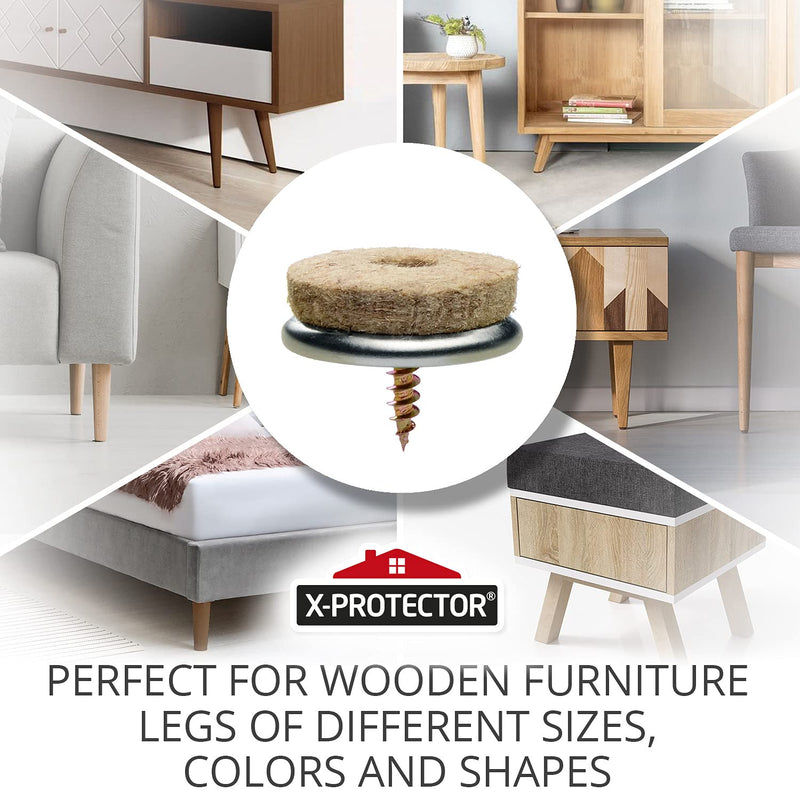 Screw-On Felt Pads X-Protector – 24 Felt Chair Pads for Hardwood Floors 1.1" – Premium Chair Glides – Beige Floor Protectors for Furniture Legs – The Best Furniture Sliders for Hardwood Floors 24pcs 28mm (felt, screw)
