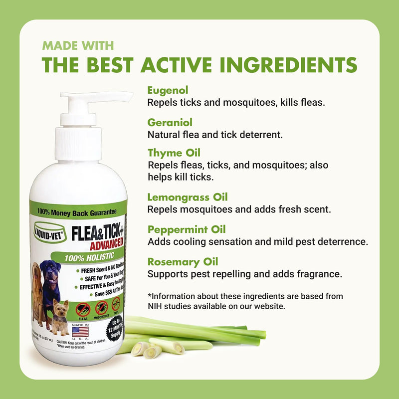 Natural Flea and Tick Topical Treatment, Repels Fleas Ticks and Mosquitoes, Quick-Dry No Residue, All Food-Grade Ingredients, 8 oz