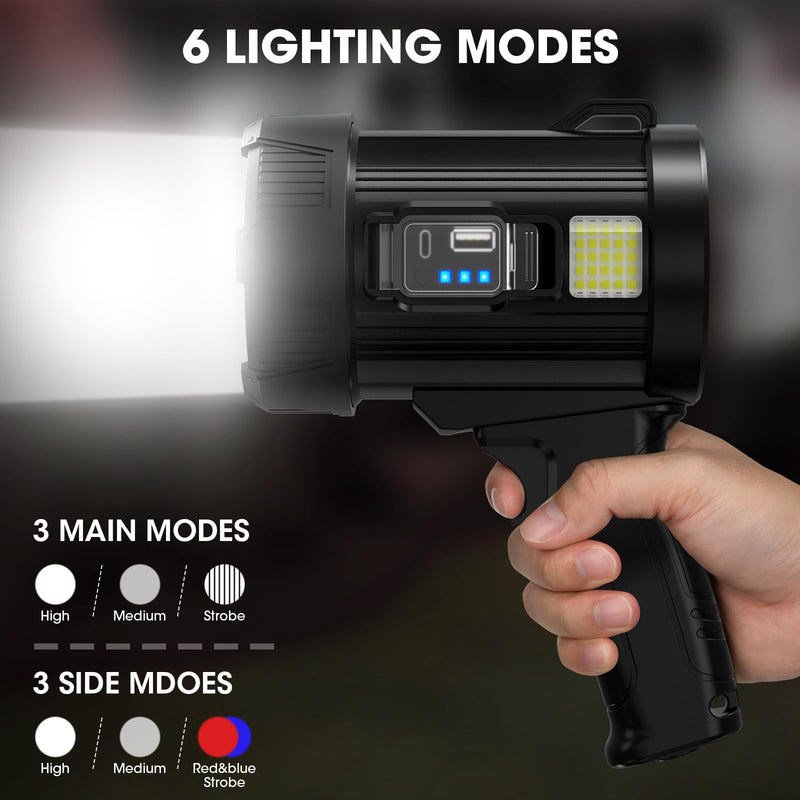 Rechargeable Spotlight, 99,000 Lumens Super Bright Handheld Led Flashlight, Outdoor Spot Light with Cob Light and Solar Panelsfor Boating Camping