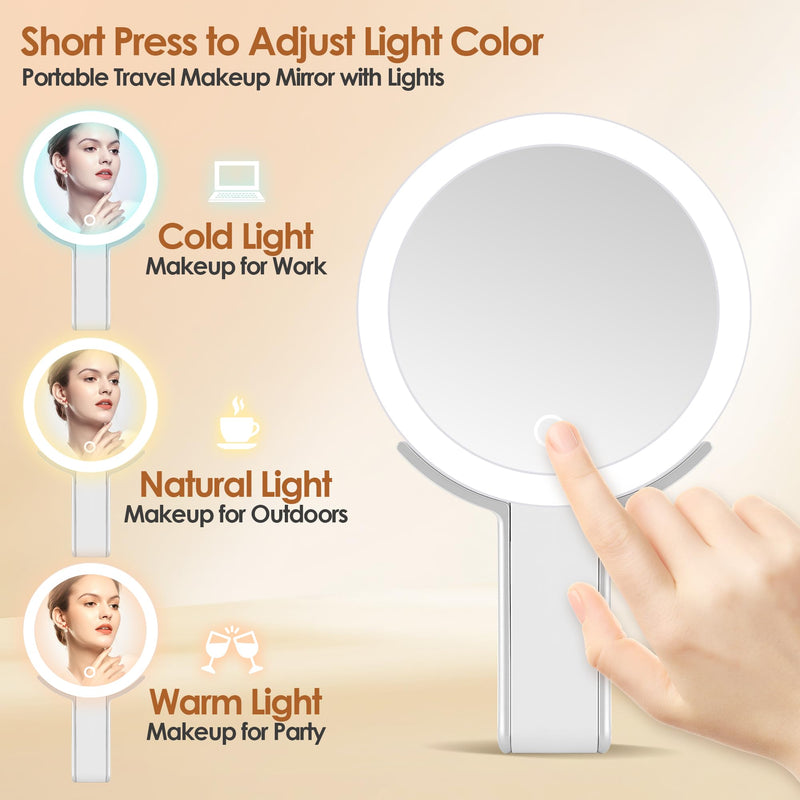 MIYADIVA Magnifying Mirror with Light, Double Sided 30X/1X Lighted Travel Makeup Mirror with Magnification, 3 Color Lighting, Dimmable Touch Screen, Adjustable & Foldable Hand Mirror (White) White