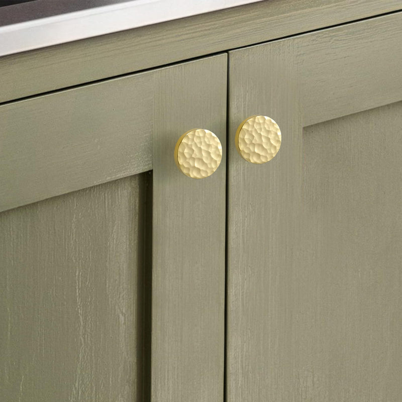 10-Pack Modern Gold Cabinet Knobs, Hammered Solid Brass Drawer Knobs, Round Dresser Drawer Pulls and Handles, Kitchen Cabinet Hardware, Diameter 1-3/16 Inch 10 Shiny Hammered Gold