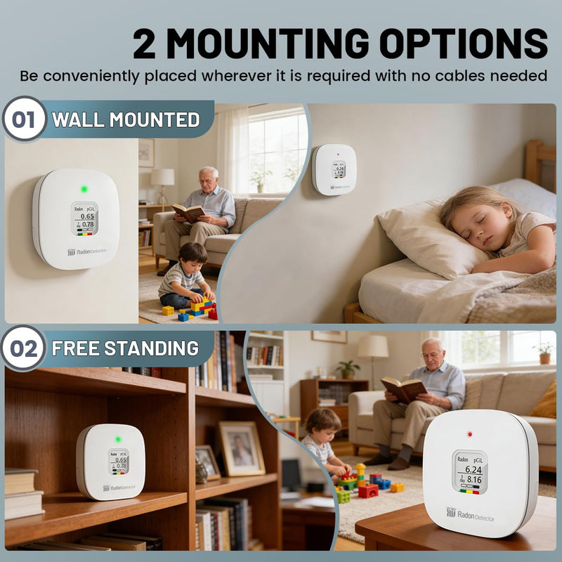 Radon Detector for Home, Office, Workplace, Hello Radon S, E-Ink Display, Alpha Spectrometer Sensor, 2-Year Battery Life, Wall Mounted & Free Standing, PCi/L & Bq/m³ Units Switchable