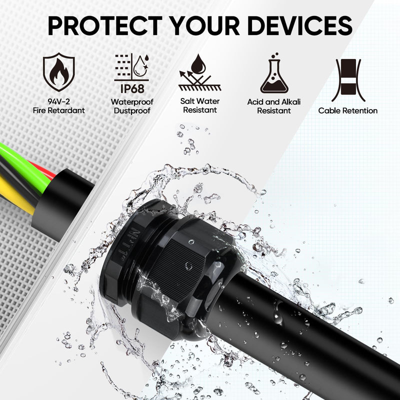 TICONN 20 Pcs IP68 Waterproof Cable Gland Kit Nylon NPT Adjustable Cable Connectors Assortment 1/4” 3/8” 1/2” 3/4” 1“ for Waterproof Junction Box Wire Pannel (Black, 20 Pcs) Black