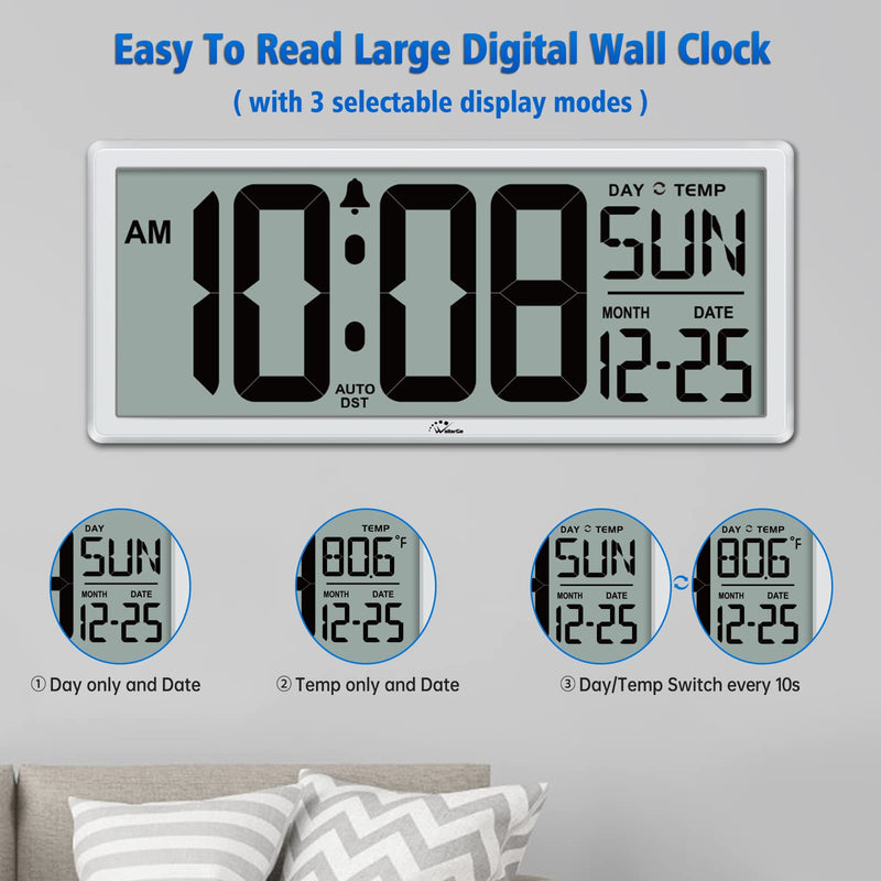 WallarGe 14.5'' Large Digital Wall Clock Battery Operated with Jumbo Numbers, Temperature and Date - Easy to Read and Set, Auto DST White