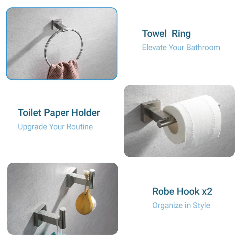 Miyili 4-Piece Bathroom Accessories Set - Includes Towel Ring, Toilet Paper Holder & 2X Towel Hooks, Brushed Stainless Steel Wall Mounted