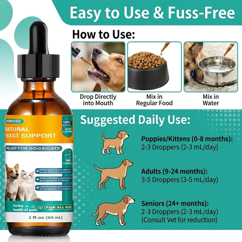 Natural Yeast Relief for Dogs&Cats, Support Healthy Itch Relief, Ear Paw Discomfort Care, Itch Relief for Dog&Cats, Allergy Supports, Inflammation Relief for Dogs(2 Pack (60 ml + 60 ml))