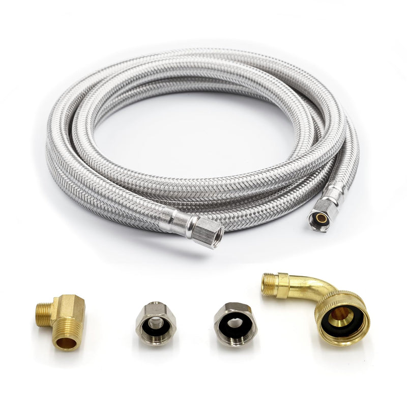 Universal Dishwasher Hose Kit, 3/8" x 3/8" Compression, 6ft long Braided Stainless Steel Hose + 3/4" Hose Bibb Elbow + 3/8" Compression Elbow + 3/8" Compression Adaptor + 1/2" Compression Adaptor Dishwasher Kit 3/8"Cx3/8"C + Elbows (2) + Adapters (2)